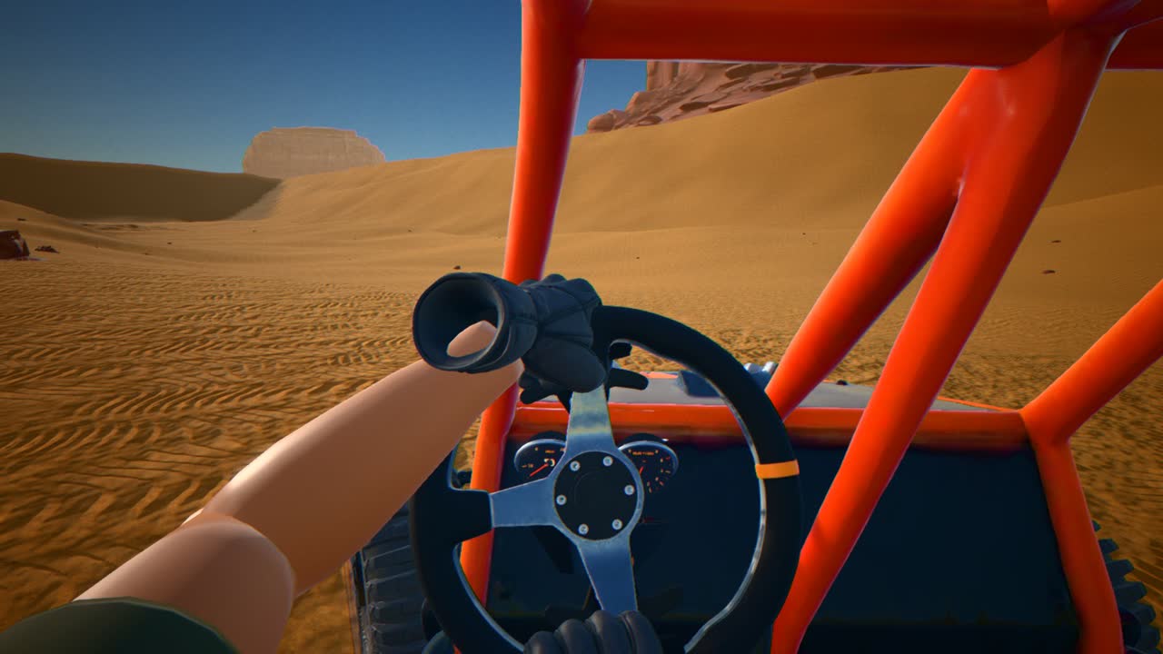 Cockpit view with gloved hands on the wheel